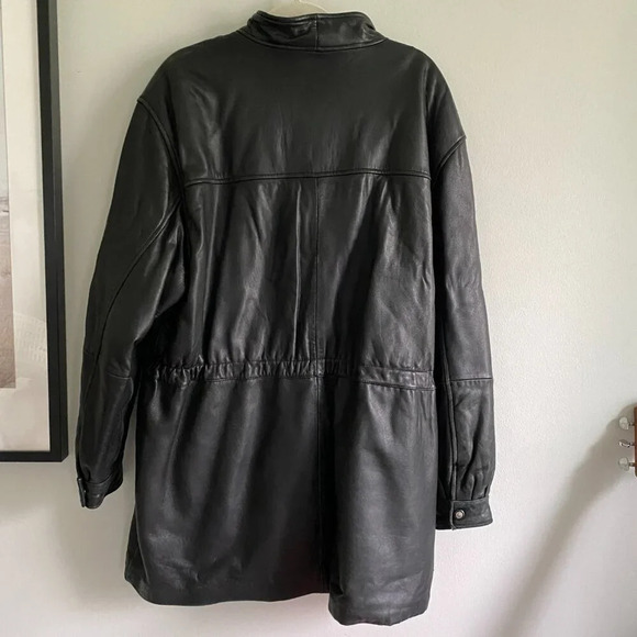 DANIER Oversized Long Black Cinched Waist Authentic Leather Jacket Coat Size L - Picture 2 of 16
